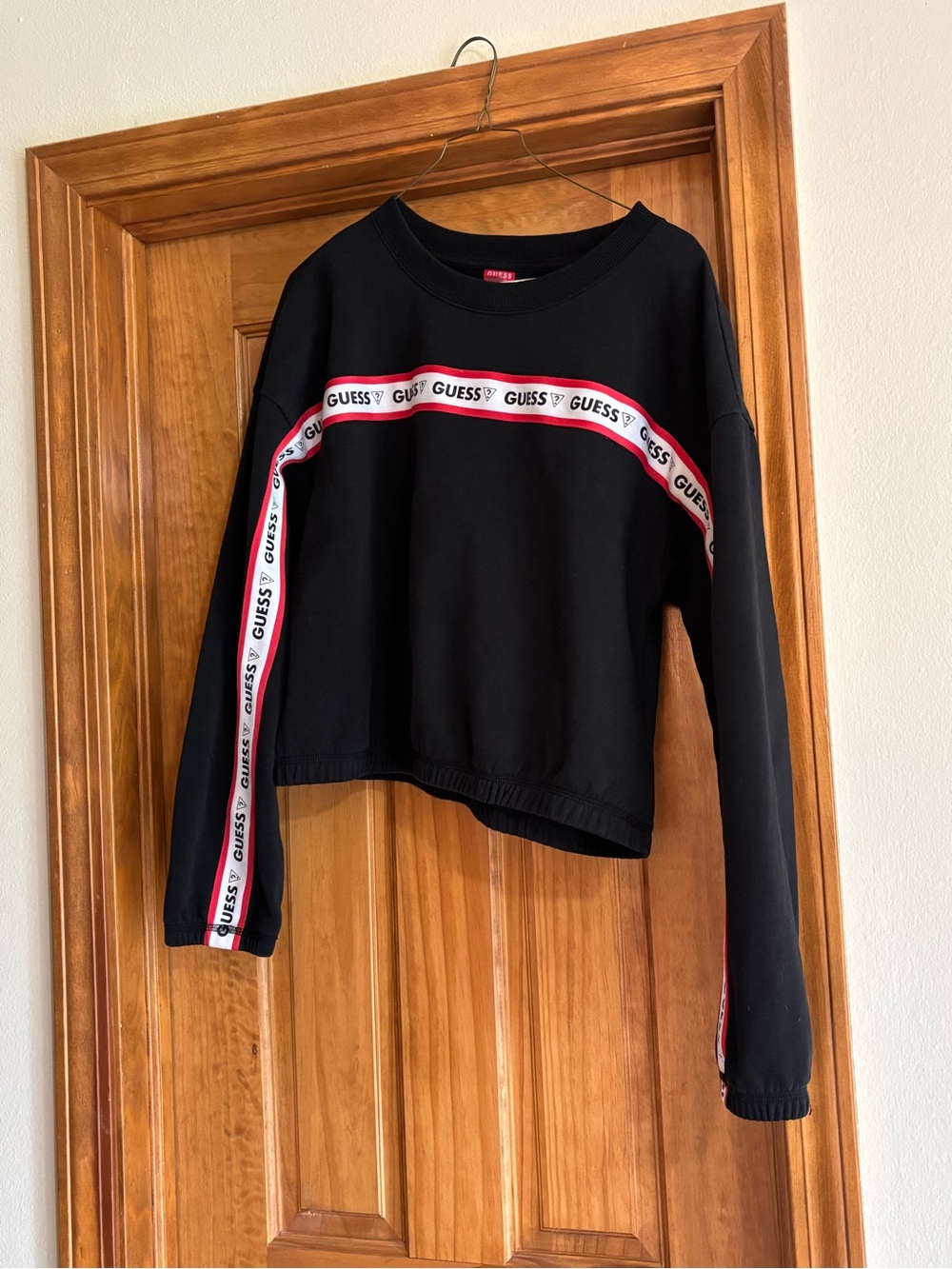 Guess Black Cropped Sweatshirt with Red & White Logo Tape - Picture 8 of 9